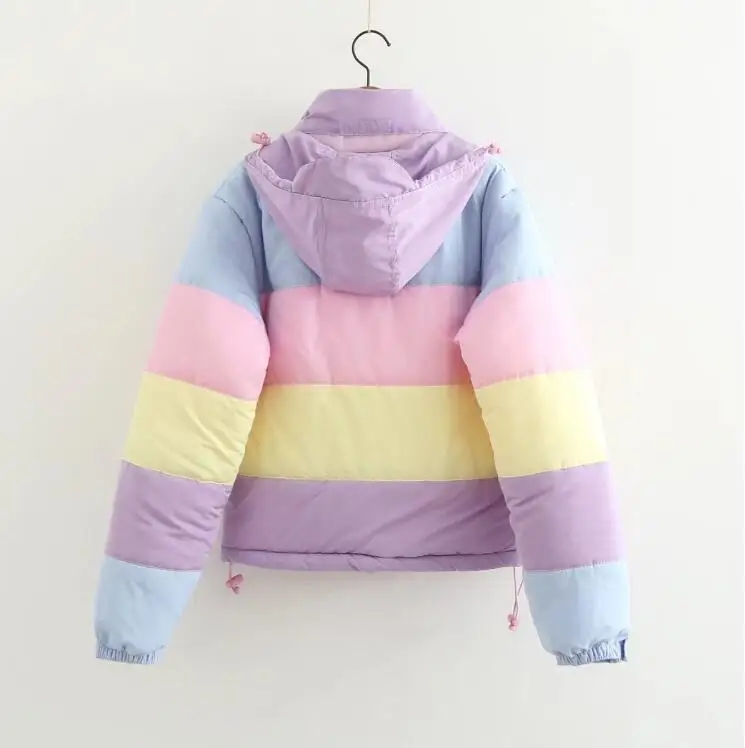 Most effective  Spring thin Rainbow Jacket with Removable Hat Female Loose Rainbow Splicing Color Coats Women Overs