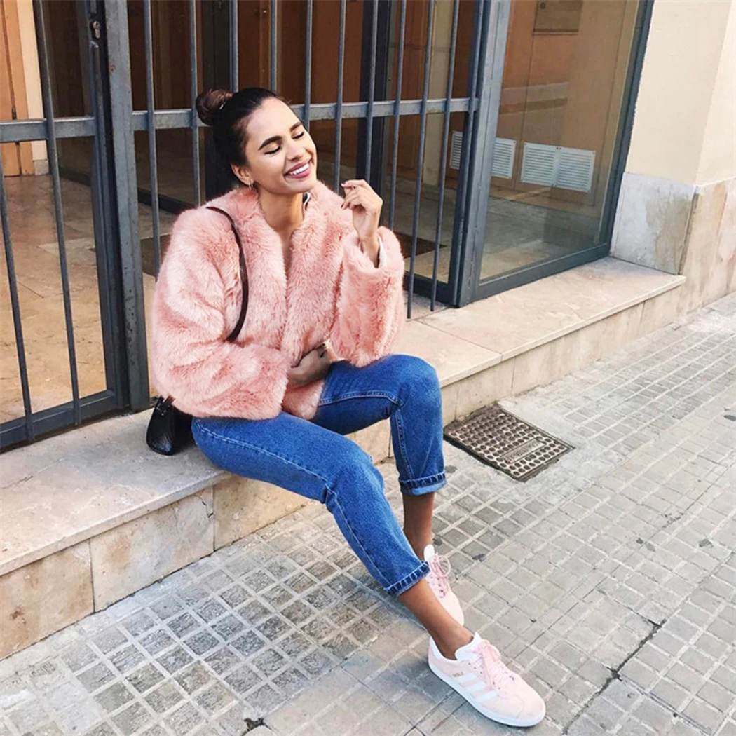 2018 Winter Pink Faux Fur Coat Women Warm Hairy Fur Jackets Outwear Elegant Ladies Fluffy Coats Plus Size OvercoatAbrigo Mujer