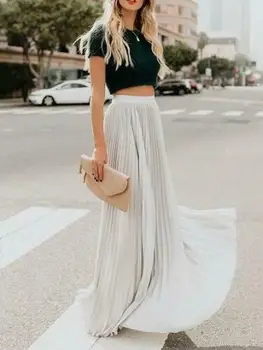 

Hirigin Women Casual Cozy High Waist Solid Boho Chiffon Lady Beach Pleated Long Skirt