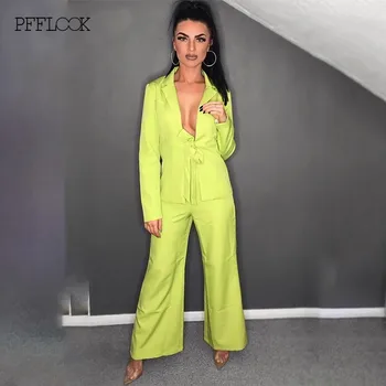 

PFFLOOK Formal 2 Piece Set Women Two Piece Set Office Top And Pant Elegant Turn Down Collar OL Pant Suit 2019 Sexy Two Piece Set