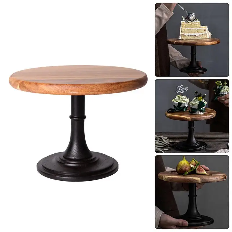 

Cake Display Stand Mori Acacia Solid Wooden Hand Polished Baking High Black Metal Leg Tray for Hotel Wedding Dessert Table Cup