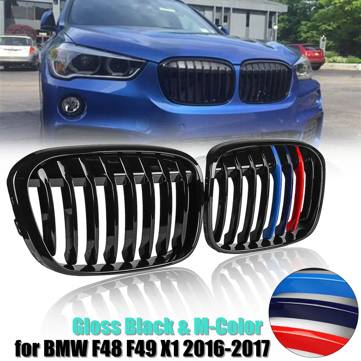 

Pair Gloss Black & M-Color Front Kidney Grill Grilles For BMW F48 F49 X1 2016-2017 Car Styling