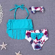 3 шт./компл. кисточкой купальник-бикини с цветочным принтом и лентой на голову детские летние купальные костюмы для девочек Разделение купальник повязка на голову, милый купальник для маленьких девочек