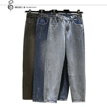 Джинсовые штаны большого размера, европейский модный дизайн, джинсы для модных женщин, винтажные потертые брюки с эластичным поясом