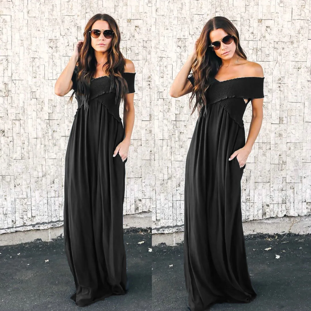Uguest الربيع النساء مثير اللباس الأنيق قبالة الكتف رايات فستان طويل سيدة