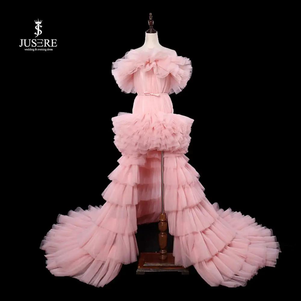 

Beautiful Pink Off The Shoulder High-Low Style Evening Dresses 2019 Pleat Backless Lace-up Sweep Train Party Gowns Evening Dress