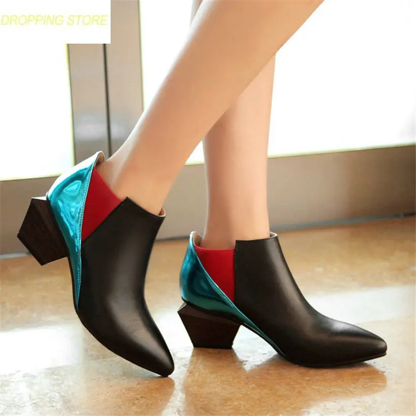 

Shoes Women Genuine Leather Ankle Boots Slip On Point Toe Oxfords Mid Heel Punk Chic Western Riding Boots Cool Pumps