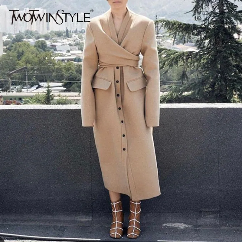 TWOTWINSTYLE Autumn Winter Women's Wool Coats V Neck Long Sleeve High Waist Bandage Coat Female Fashion Casual Clothes New
