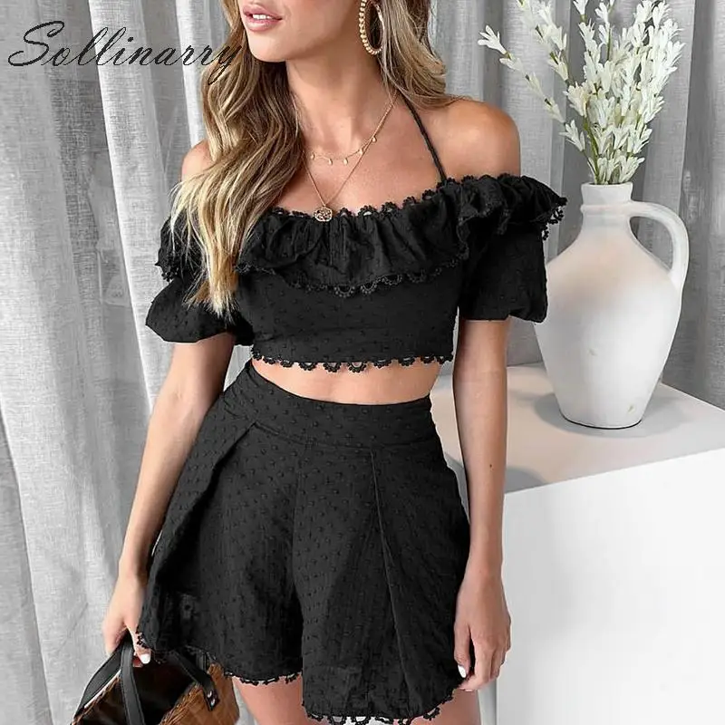 

Sollianrry Polka Dot Lace up Short Women Suits White Embroidery Sexy Summer Crop Tops Ruffle Beach Holiday Female Set Streetwear
