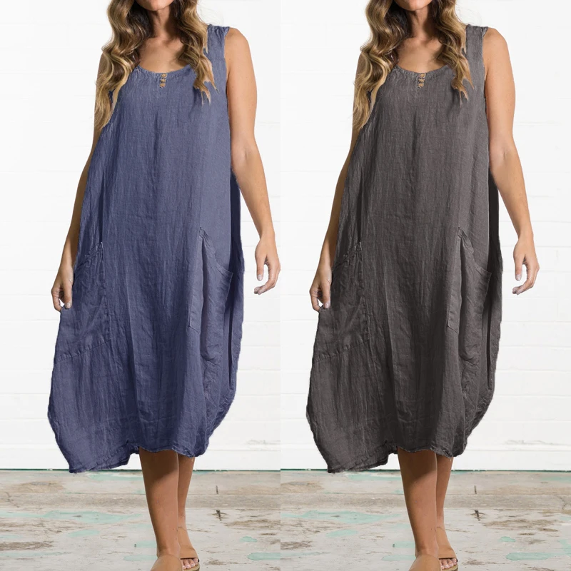 

Celmia 2019 Summer Dress Women Casual O Neck Sleeveless Loose Ruffles Midi Vestidos Robe Femme Long Shirt Dresses 5XL Plus Size