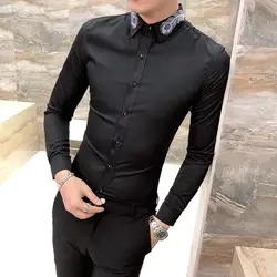 2019 Весенняя Корейская мужская рубашка с длинным рукавом Camisa Masculina однотонная Вышивка перо модная мужская рубашка Camisa Homem черный