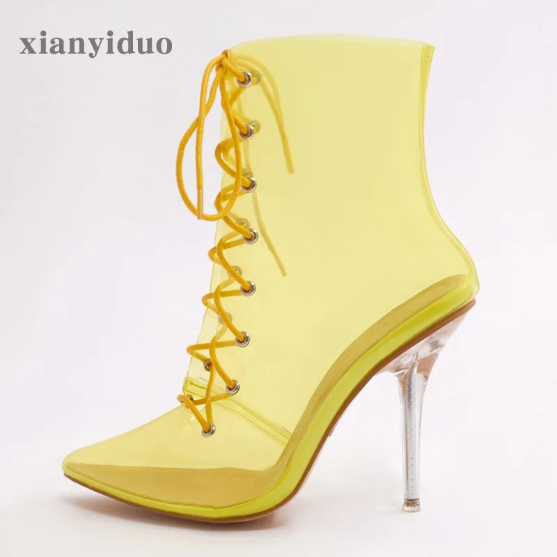 

xianyiduo 2019 new Summer boots Womens Shoes Party Sandals Lace-Up Sexy Closed toe big size 40-45 Transparent Clear heel / S369