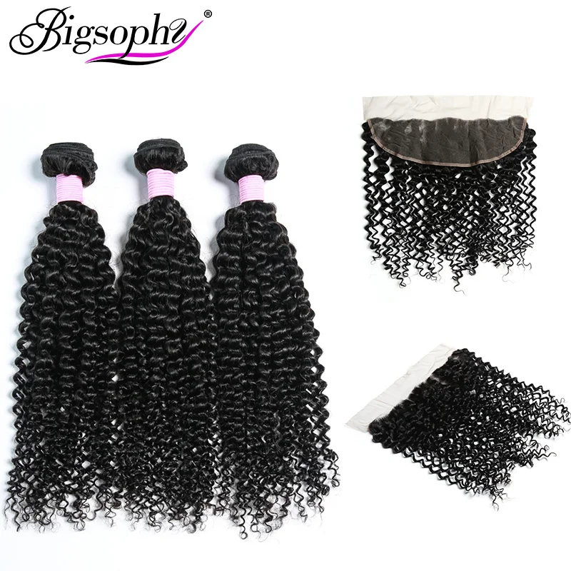 Bigsophy Hair Kinky Curly Wave100% Remy Human Hair Extension Peruvian Weave Hair Bundles 3Bundles Hair And 13*4 Frontal Closure