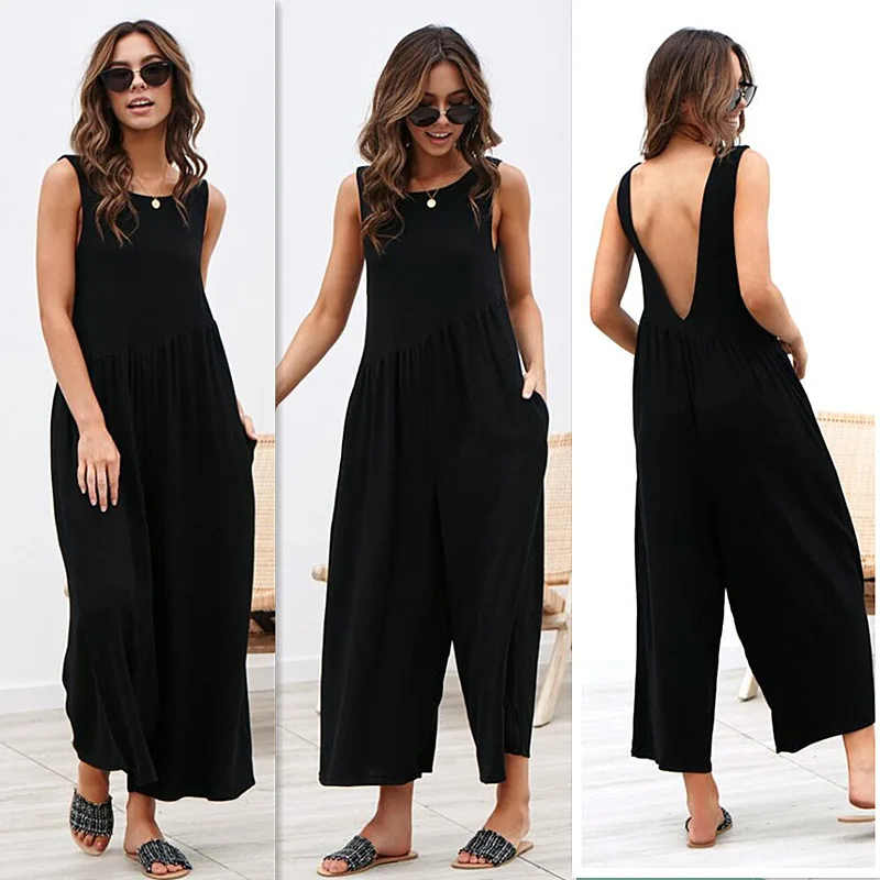 

2019 Summer Women Sleeveless Wide Leg Jumpsuit Casual Loose Sexy Backless Rompers Elegant Ladies Solid Color Long Jumpsuit