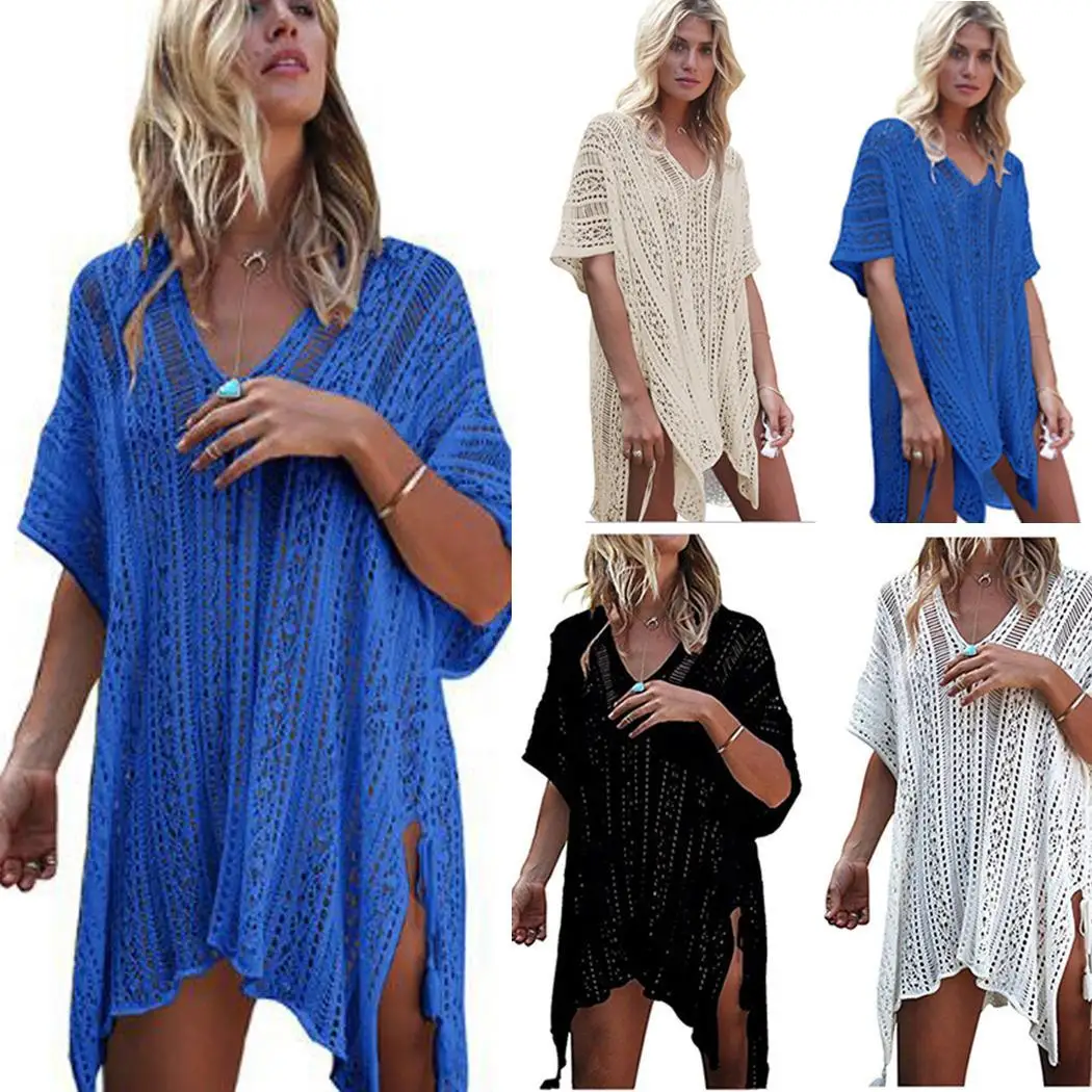 Women Casual Hollow V Neck Short Sleeve Knit Out Solid All Seasons Blouse Beach Cover Long Up |