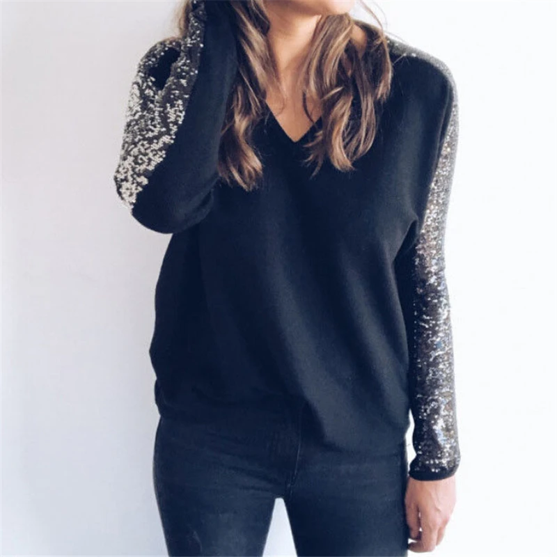 

Women Blouses Sequins New Womens Elegant Long Sleeve Blouses V Neck Loose Tops Ladies Shirts And Tops Casual Winter Women Shirts