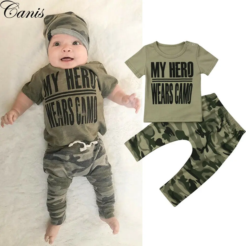 Newborn Kids Baby Boys 2PCS Sets Letter Print Tops T-shirt Camo Pants Outfits Set Clothes 0-2Years |