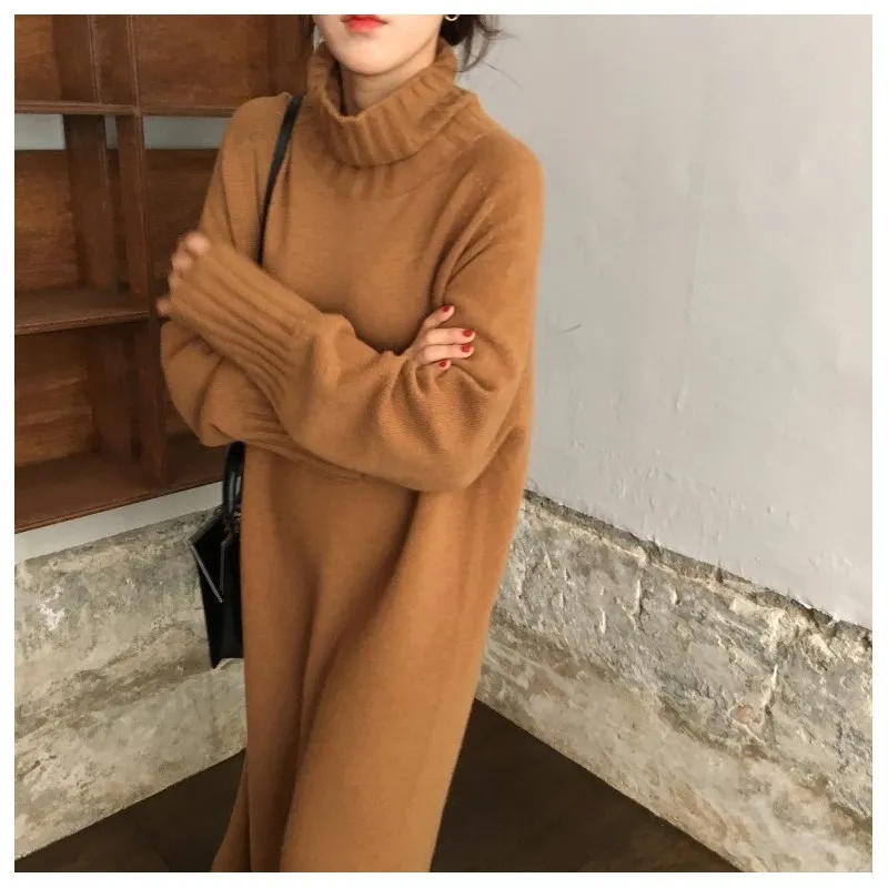 Women Winter Turtleneck Pullover Sweater Dress Casual Long Knitted Dress Female Loose Solid Pullovers Long Split Sweater Robe Women Winter Turtleneck Pullover Sweater Dress Casual Long Knitted Dress Female Loose Solid Pullovers Long Split Sweater Robe