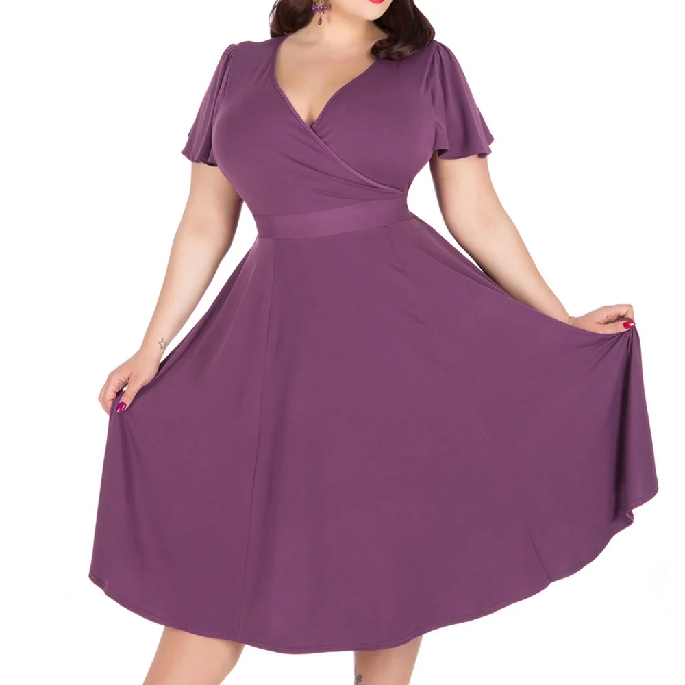 

Sovalro Plus Size 9XL Vintage Dress Women V-Neck Short Sleeve Solid Casual Summer Dress Belted Party Dresses Vestidos Green