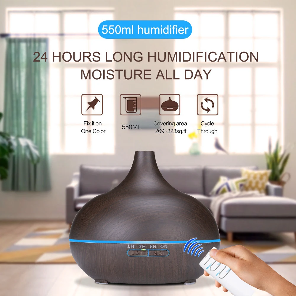 

550ml Ultrasonic Humidifier Oil Diffuser with Remote Control Air Aroma Humidifier Timing Function LED Light for Office Bedroom