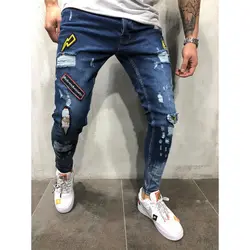 3 стиля мужские рваные мужские байкерские джинсы брюки с рваными краями и потертостями Печать Вышивка Slim Fit джинсовые штаны