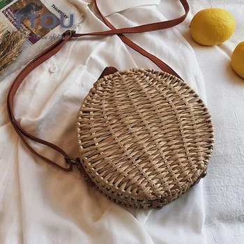 

TTOU Fashion Women Round Straw Handbags Female Rattan Shoulder Bag Handmade Woven Summer Beach Bag Circle Ladies' Bohemia Bag