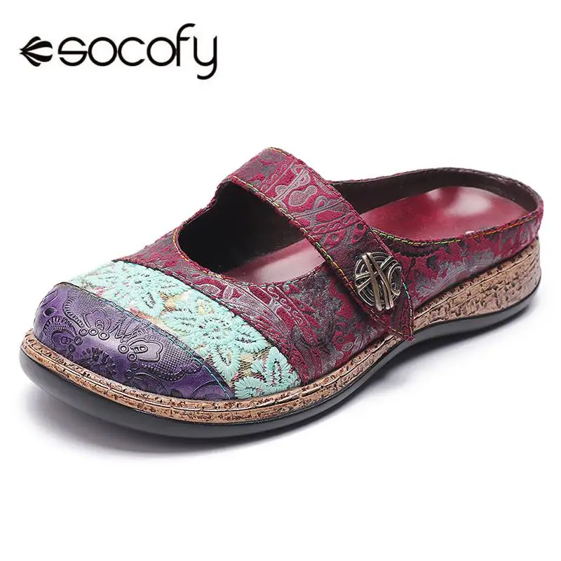 

SOCOFY Big Head Genuine Leather Splicing Cloth Retro Veins Comfortable Hook Loop Shoes Elegant Ladies Shoes 2019 Spring New