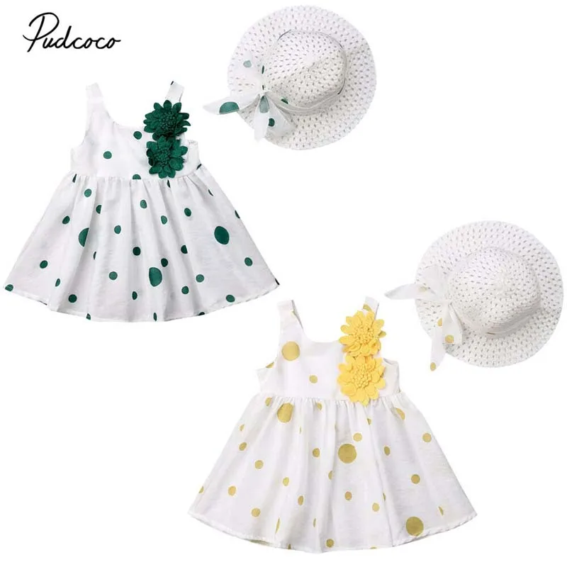 

2019 Brand Toddler Girls Pageant Flower Dress Summer Princess Dot Tutu Dress+Fashion Sunhat 2pcs Outfit Holiday Clothing Set