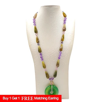 

LiiJi Unique Natural Agates Amethysts Crystal Green Agates Pendant with Jades Toggle Clasp 64cm