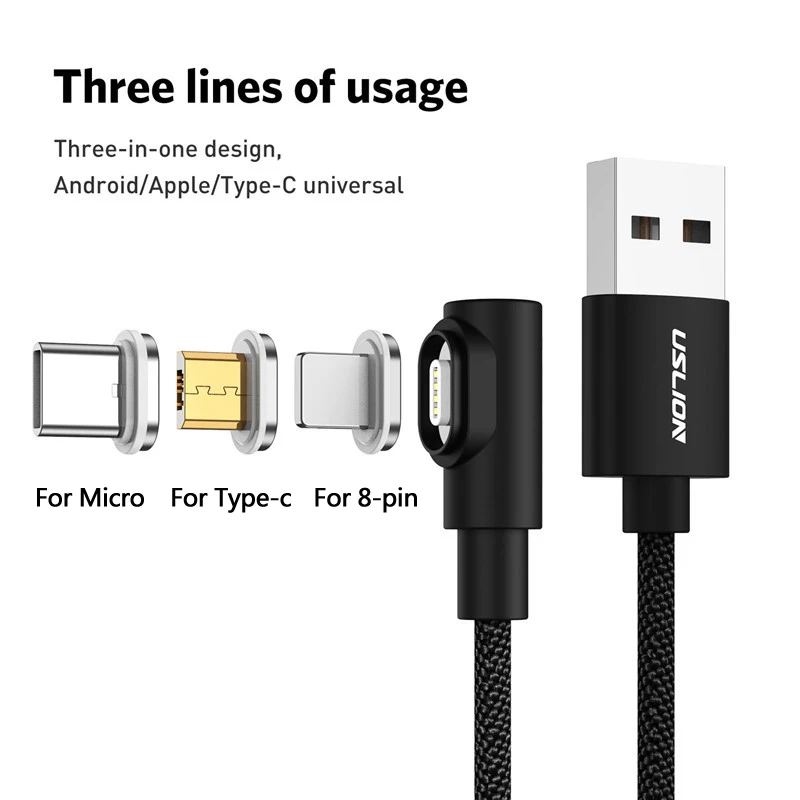 USLION 90 градусов магнитное зарядное устройство Micro USB кабель Быстрая зарядка usb type C кабель для samsung/Xiaomi/iPhone Android Phone 3A