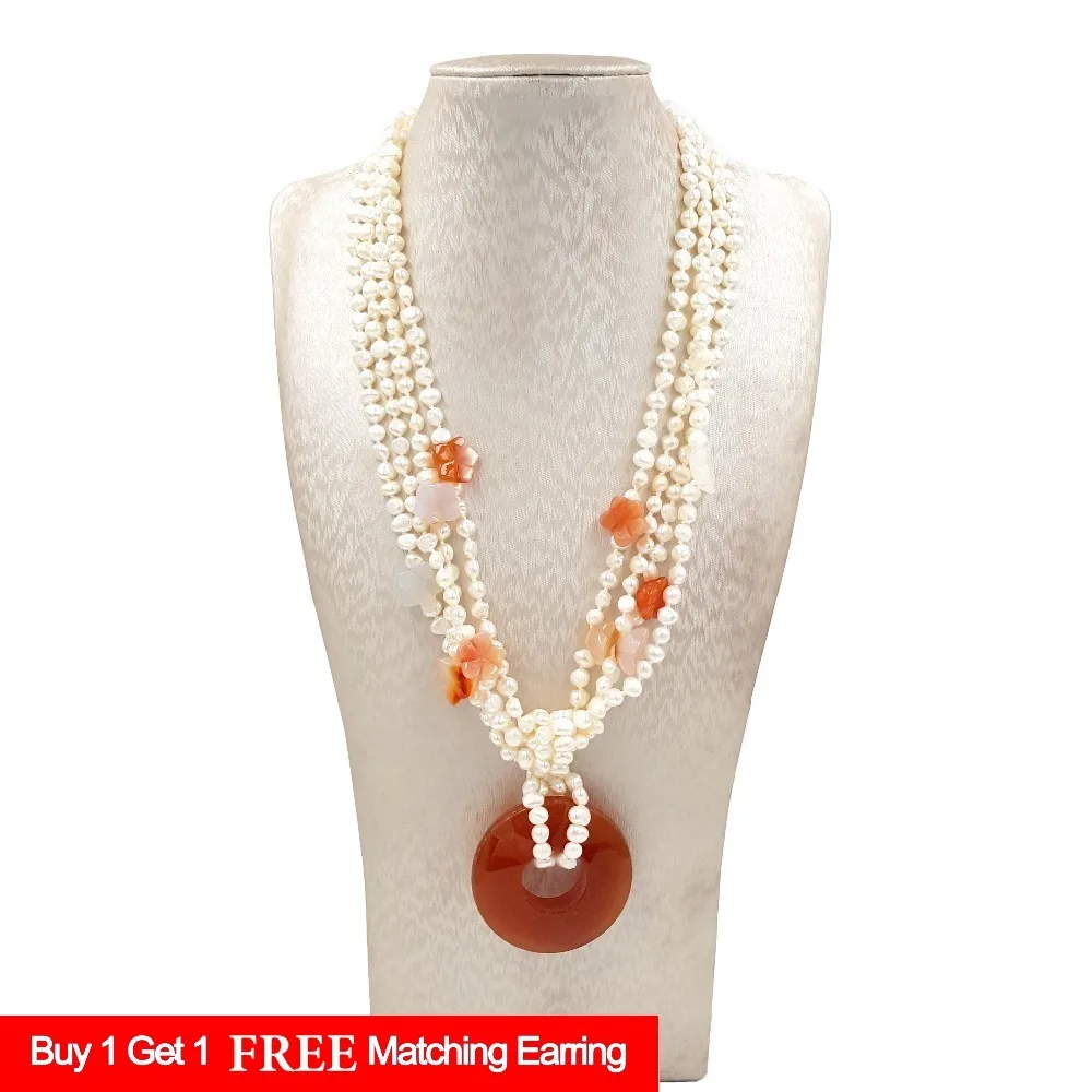 

LiiJi Unique Freshwater Pearl Red Agates Flower Pendant 4 Rows Necklace Toggle Clasp 48cm/19''
