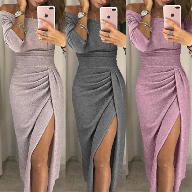 

Women Split Dresses Fall&Spring Long Sleeve Pure Color Evening Party Club & Sexy Dress Elegant Woman Fashion Off-shoulder Dress