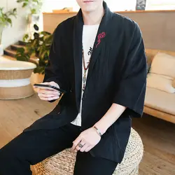 2019 кимоно с вышивкой куртка человек Китайский ветровка уличная рубашка пальто льняной кардиган куртки лето плюс размеры 5xl