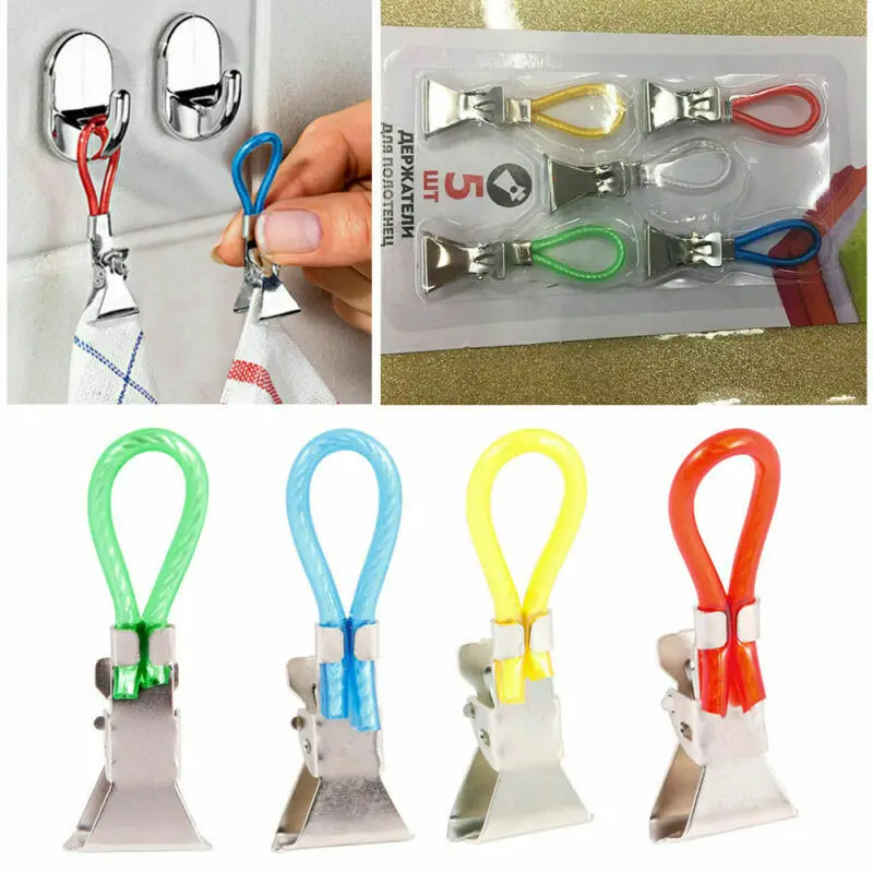 

New Arrival 5pcs Tea Towel Hanging Clips Clip on Hooks Loops Hand Towel Hangers Multifunction Cloth Peg Clips