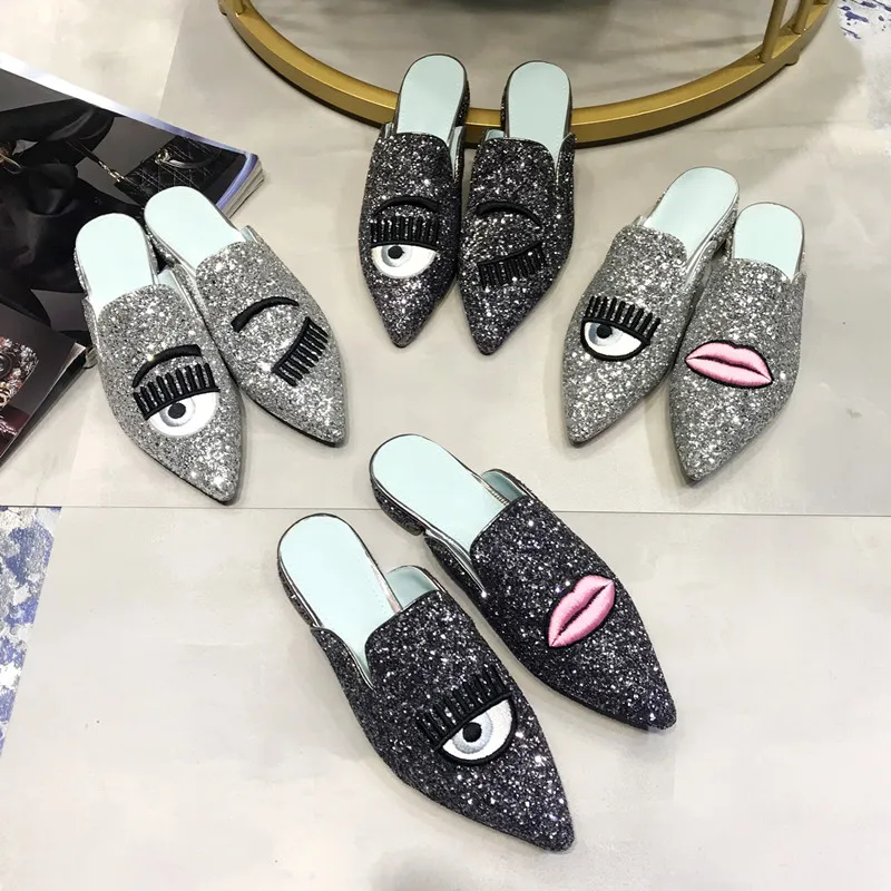 

Eyes Lips Eyelashes Flat Slippers Women Summer Shoes Glitter Sequins Beach Shoes Woman Slides Pointed Toe Flats Sandalias Mujer