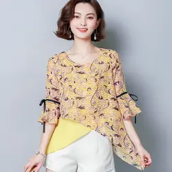 Для женщин рубашки для мальчиков свитер с рукавами-клеш Printlt шифон нерегулярные тонкий Brimlly блузка рубашка красные цветы Huanghua 922
