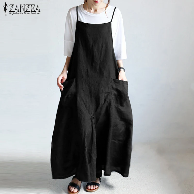 

ZANZEA Summer Vintage Party Maxi Sarafans Women Casual Solid Strappy Long Overalls Dress Cotton Linen Pockets Baggy Robe Vestido
