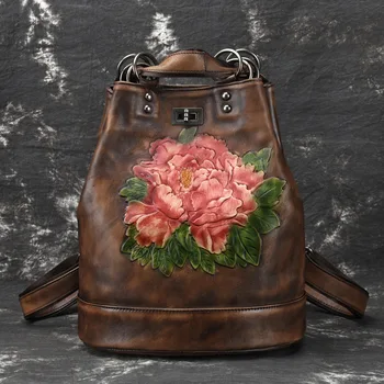 

Cow leather Women backpack fashion female shoulder bag national wind flowers ladies embossing school girl red Black backpacks
