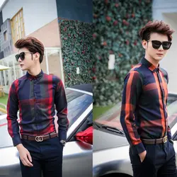 Нажмите Chun вентилятор подростков Для мужчин одежда решетки самосовершенствование Человек Рубашка с длинными рукавами шлифования. персик