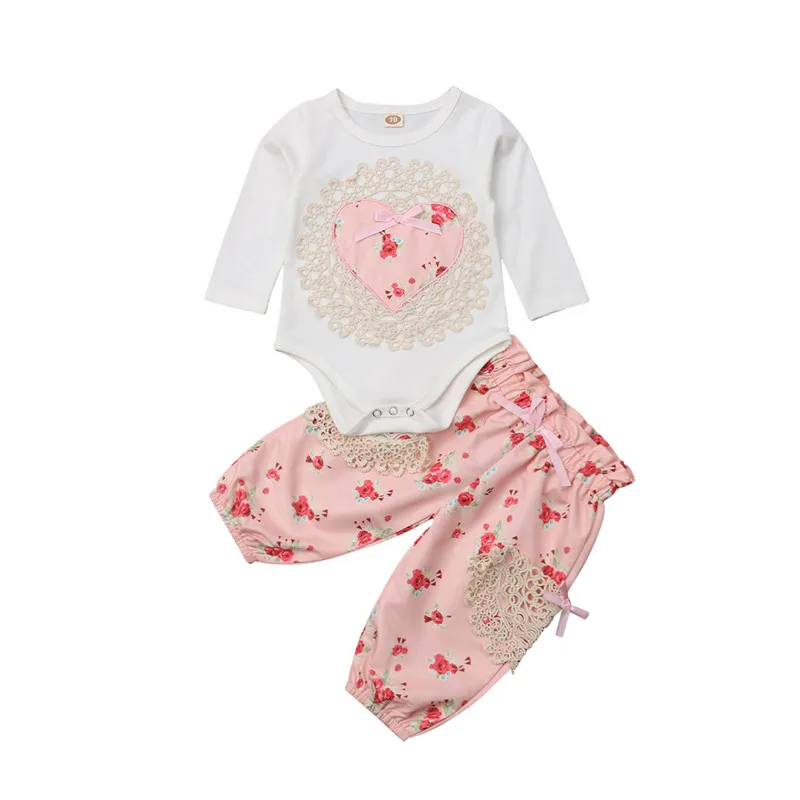 

2019 New Autumn Baby Girls Clothes Set Cotton Lace Long Sleeve Rompers+ Pants 2pcs Infant Clothes Newborn Baby Cute Clothing Set