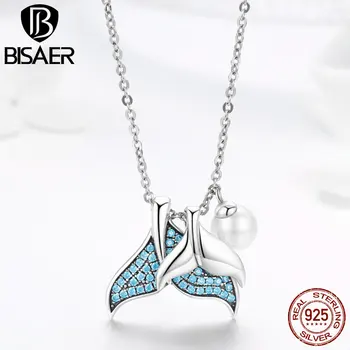 

BISAER High Quality 925 Sterling Silver Dazzling Big Blue Mermaid Tail CZ Necklace For Women Fashion Jewelry Making HSN309
