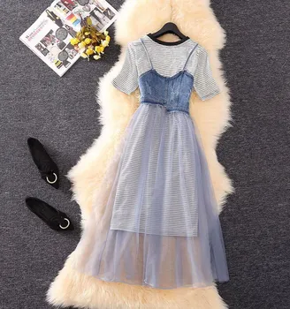 

Long T-shirts Mesh Dress Women Skirts Sets O-neck Stripe Tops Denim Mesh Spliced Zipper High Waist A-line Dress Sets