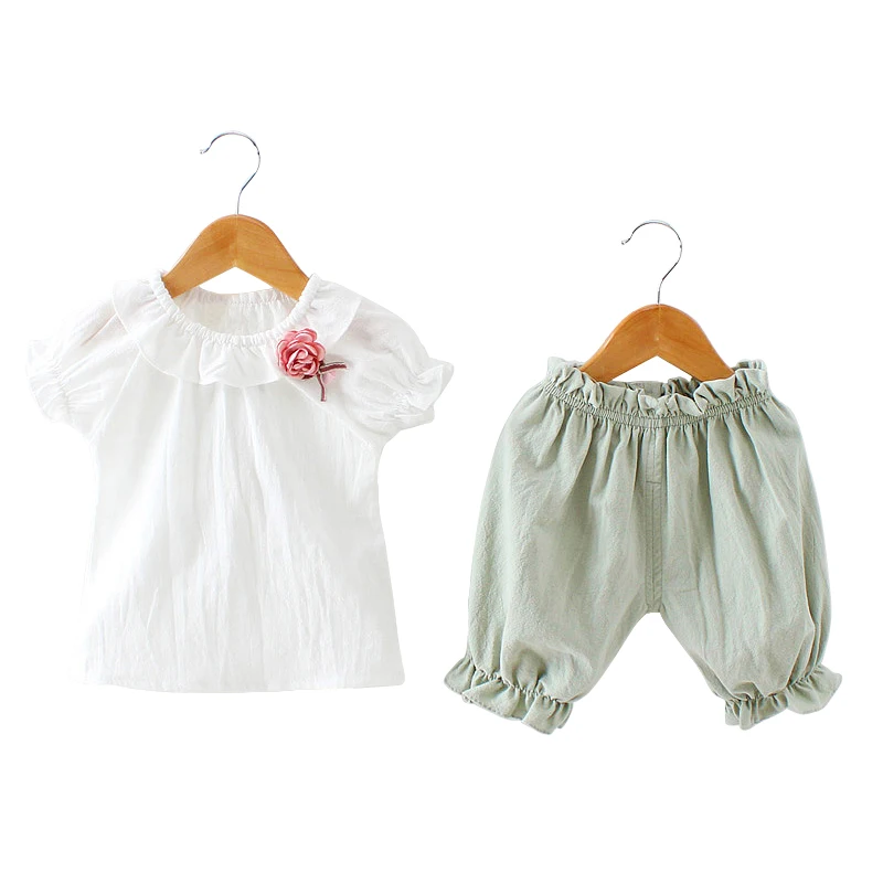 cute green little girls clothes chinese style cotton and linen 2pcs sets white blouse+pants age 9 month-4 yrs summer baby outfit