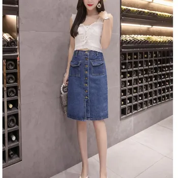 

Fashion Women Plus Size Buttons Knee Length Skirt Summer High Waist Pockets Jeans Skirt A-Line Elegant Solid Denim Skirt