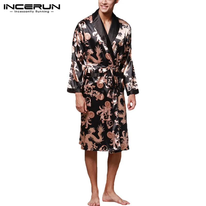 INCERUN, модные атласные шелковые пижамы, мужской халат, халат с длинными рукавами, халат с принтом китайского дракона, халат, одежда для отдыха
