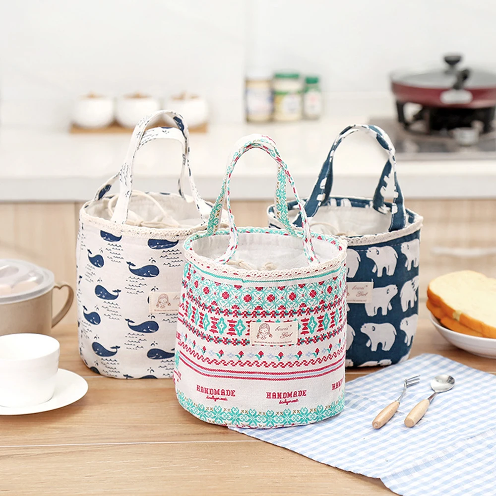 Cotton and Linen Drawstring Insulation Bucket Lunch Bag Storage Bag