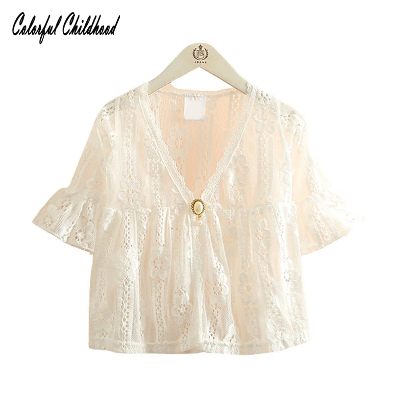 

Girls summer shirt cozy V-neck middle sleeve lace shirt for girls tops children blouse toddler baby Beach Vacation cover