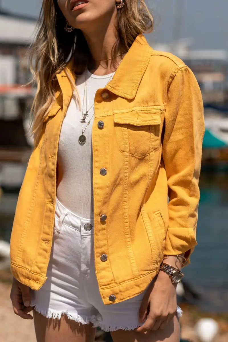 5x the Han Women Mustard Denim Jacket 8YXK4 30628 37in Basic Jackets