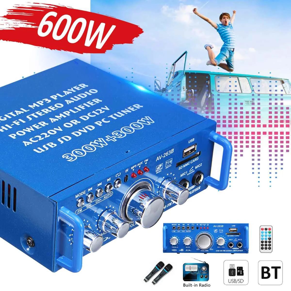DC 12V AC 220V 600W HIFI 2CH Car Bluetooth Stereo Power Audio Amplifier FM Radio Home Theater Amplifiers With Remote Control DC 12V AC 220V 600W HIFI 2CH Car Bluetooth Stereo Power Audio Amplifier FM Radio Home Theater Amplifiers With Remote Control