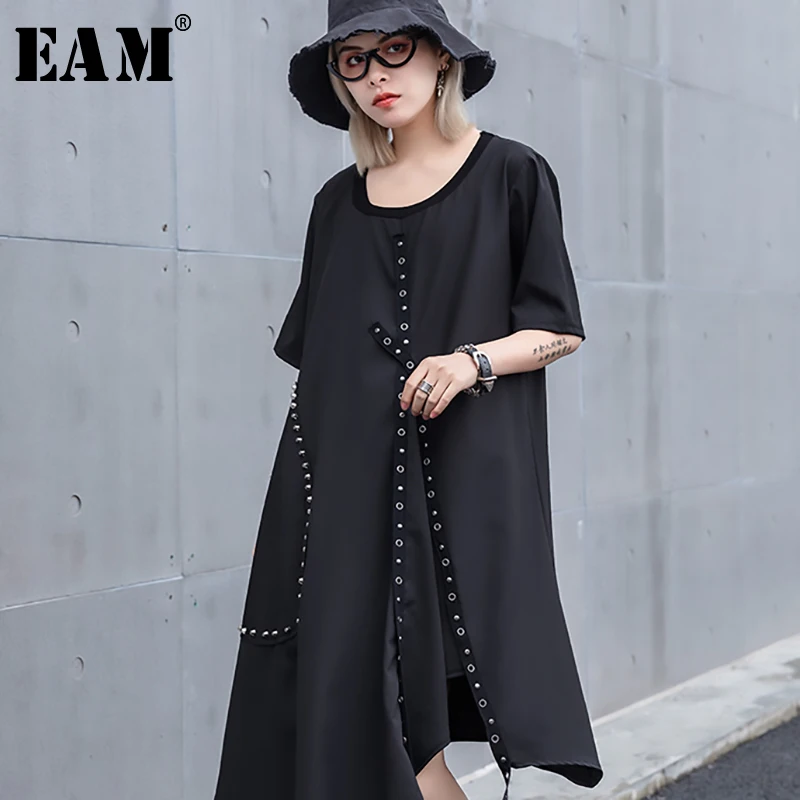 

[EAM] 2019 New Spring Summer Round Neck Short Sleeve Black Irregular Hem Ribbon Big Size Dress Women Fashion Tide JS345